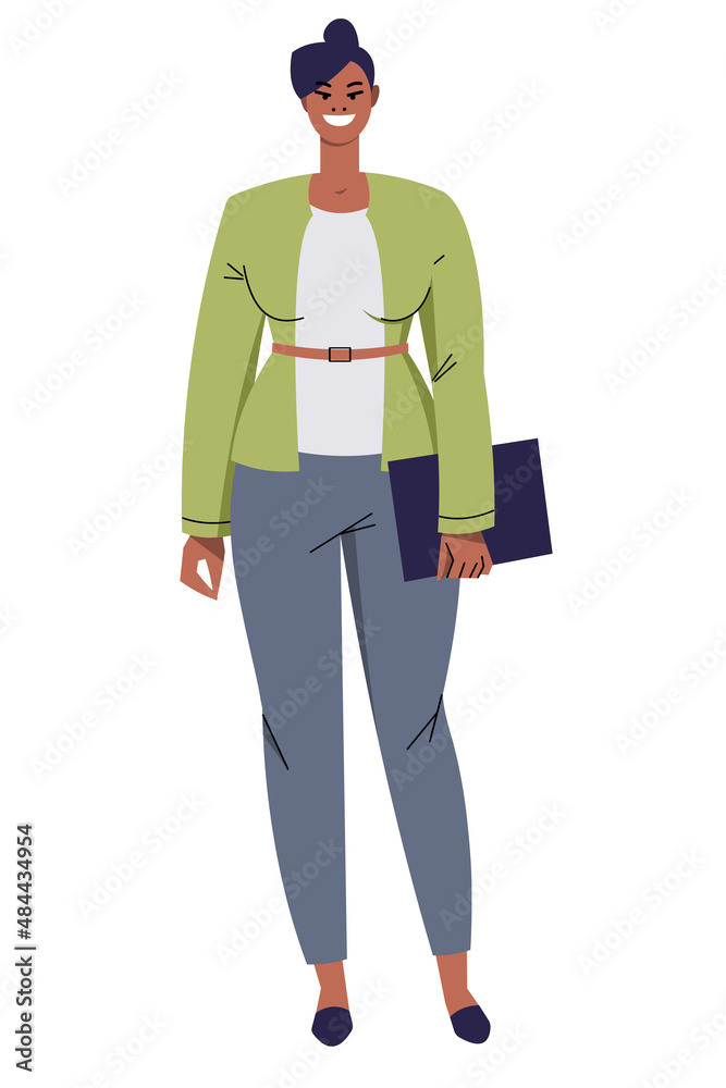 Elegant business woman isolated on white background. Black woman leader, manager, office worker. The character smiles while standing in formal clothes. Flat style. Vector illustration.