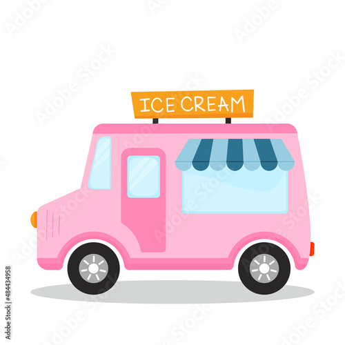 Pink ice cream truck isolated on white background