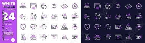 Distribution, Travel compass and Startup line icons for website, printing. Collection of Face biometrics, Approved, Bitcoin project icons. Share call, Frying pan, Messenger mail web elements. Vector