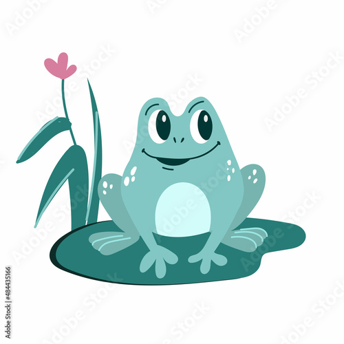 Funny frog with flowers. Nice illustration. Isolated character on a white background.