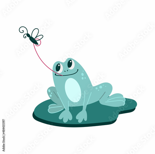 Funny frog catches a fly . Nice illustration. Isolated character on a white background.