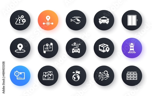 Minimal set of Helicopter, Journey and Pin flat icons for web development. Warning, Destination flag, Cardboard box icons. Wholesale inventory, Taxi, Parcel tracking web elements. Lift. Vector