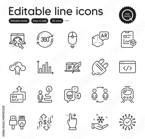 Set of Technology outline icons. Contains icons as Cyber attack, Train and Security network elements. Workflow, Electric plug, Augmented reality web signs. Support, Internet. Vector