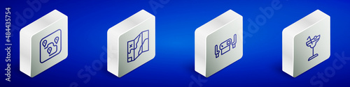 Set Isometric line Route location, Folded map, Poker table and Cocktail icon. Vector