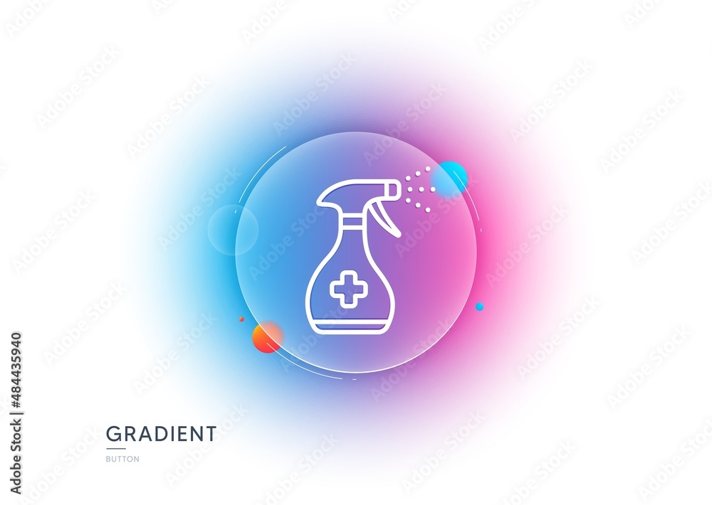 Medical cleaning line icon. Gradient blur button with glassmorphism. Antiseptic spray sign. Washing symbol. Transparent glass design. Medical cleaning line icon. Vector