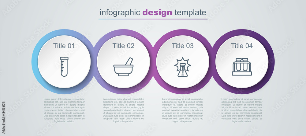 Set line Test tube and flask, Mortar pestle, Chemical explosion and . Business infographic template. Vector