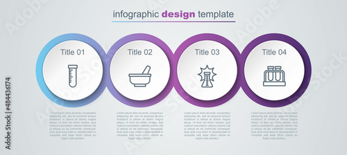 Set line Test tube and flask, Mortar pestle, Chemical explosion and . Business infographic template. Vector