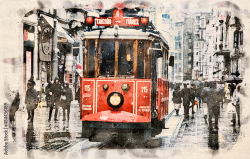 Vintage tram in Istanbul, Turkey watercolor sketch. Taksim-Tunel Nostalgia Tramway line operates on Istiklal Street between Taksim Square and underground railway line