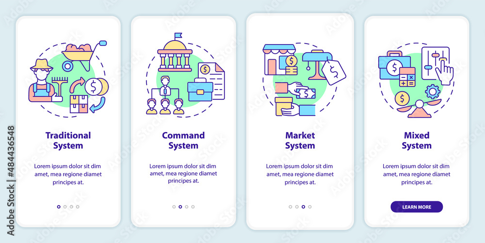 Economic system types onboarding mobile app screen. Selling and buying walkthrough 4 steps graphic instructions pages with linear concepts. UI, UX, GUI template. Myriad Pro-Bold, Regular fonts used