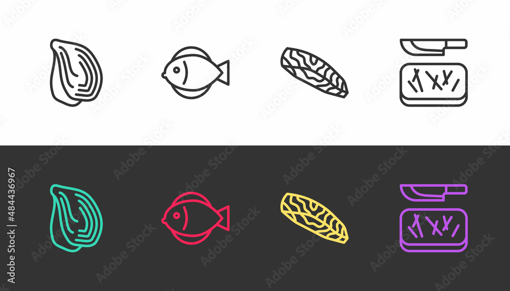 Set line Mussel, Fish, steak and Cutting board and knife on black and white. Vector