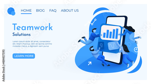 Small flying people around smartphone with business solution or user experience elements working together. Teamwork concept.