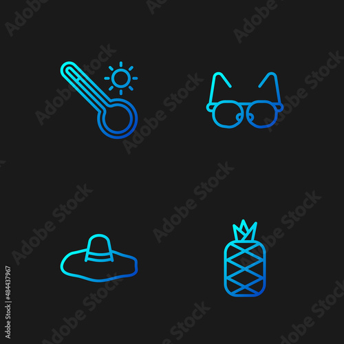 Set line Pineapple, Elegant women hat, Meteorology thermometer and Glasses. Gradient color icons. Vector