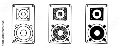 Set of hand drawn vector music speakers in doodle cartoon style