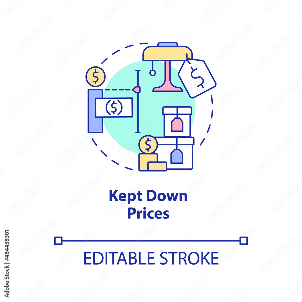Kept down prices concept icon. Discount and prices deduction. Market economy pros abstract idea thin line illustration. Isolated outline drawing. Editable stroke. Arial, Myriad Pro-Bold fonts used Kept down prices concept icon. Discount and prices deduction. Market economy pros abstract idea thin line illustration. Isolated outline drawing. Editable stroke. Arial, Myriad Pro-Bold fonts used