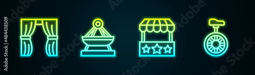 Set line Circus curtain raises, Boat swing, Ticket box office and Unicycle or one wheel bicycle. Glowing neon icon. Vector