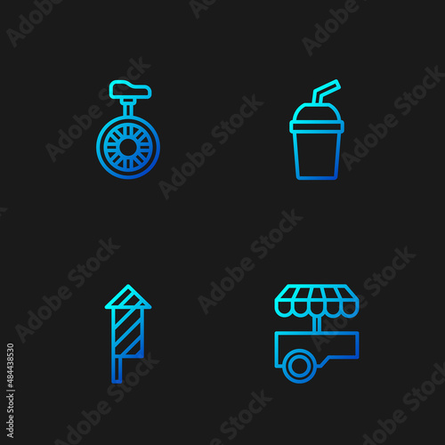 Set line Fast street food cart, Firework rocket, Unicycle one wheel bicycle and Paper glass with water. Gradient color icons. Vector