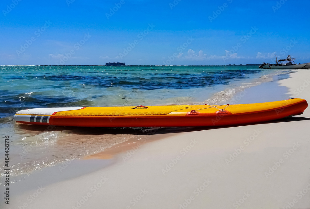 Fototapeta premium Yellow Sub on lies on the shores of the Caribbean. Recreation and sports.
