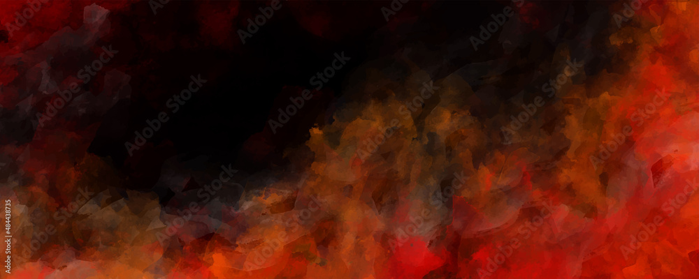Vector watercolor art background with red fire on black. Hand drawn vector danger texture. Flame. Grunge template for flyers, cards, poster, cover. Dangerous, crash, accident.
