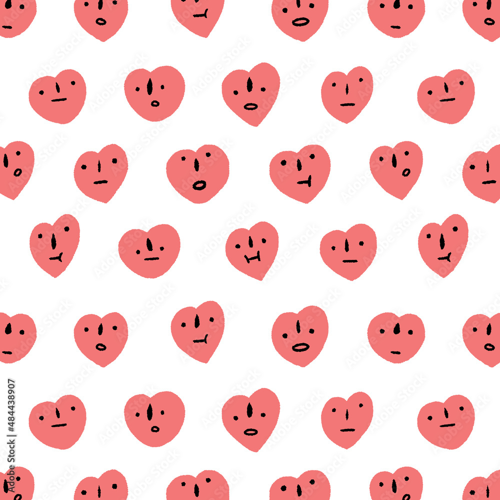 Hand drawn vector illustration of heart with face pattern on white background. Pattern for textile, fabric, wrapping paper. Hand drawn vector illustration of heart with face pattern on white background. Pattern for textile, fabric, wrapping paper.