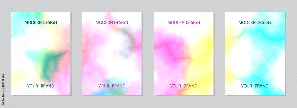 Set of minimalistic delicate watercolor backgrounds, unique grunge texture. Collection of vertical templates. Vector shape for brochure cover template, poster, booklet, presentation.