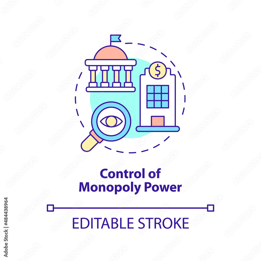 Control of monopoly power concept icon. Legislative measures. Mixed economy features abstract idea thin line illustration. Isolated outline drawing. Editable stroke. Arial, Myriad Pro-Bold fonts used