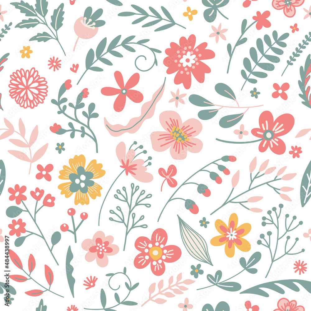 Seamless floral pattern with cute hand drawn meadow flowers on a white background. Vector background
