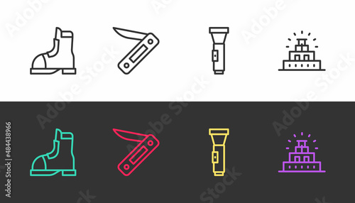 Set line Hunter boots, Swiss army knife, Flashlight and Chichen Itza in Mayan on black and white. Vector