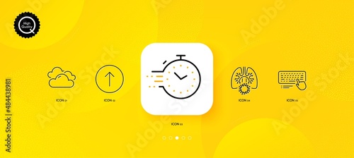 Timer, Coronavirus lungs and Cloudy weather minimal line icons. Yellow abstract background. Computer keyboard, Swipe up icons. For web, application, printing. Vector
