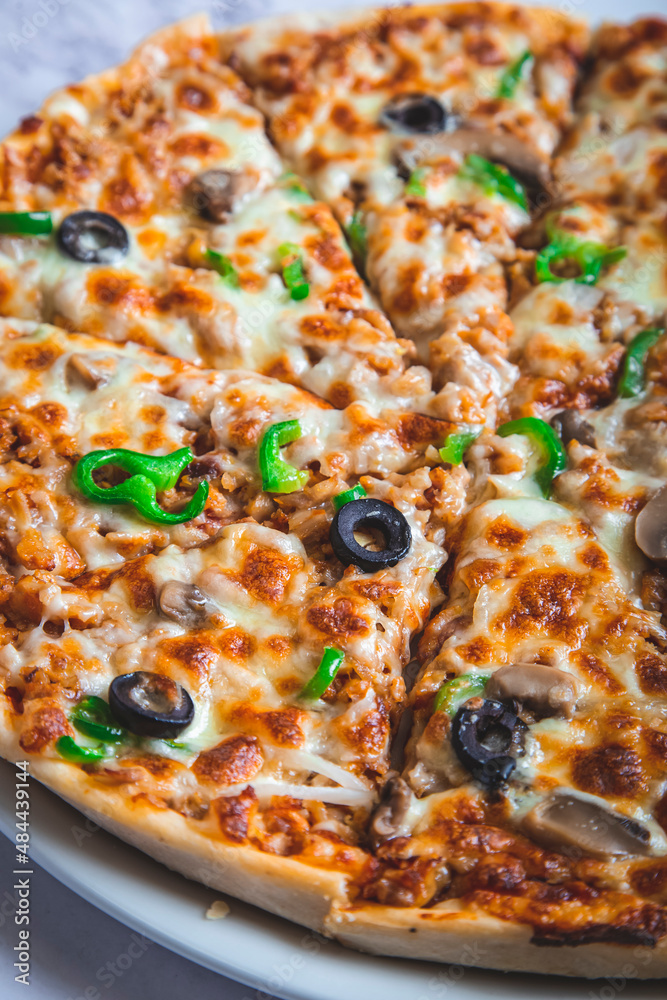 Pizza with meat, green peppers, mozzarella cheese, mushrooms and black olives. Pizza with meat, green peppers, mozzarella cheese, mushrooms and black olives.