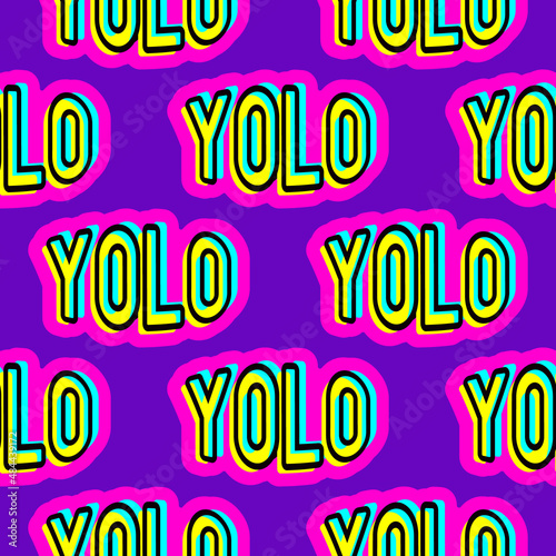 Seamless pattern with patch badges with colorful slang words, abbreviations "YOLO" - you only live once - isolated on purple background. Quirky cartoon retro comic style. Vector wallpaper.