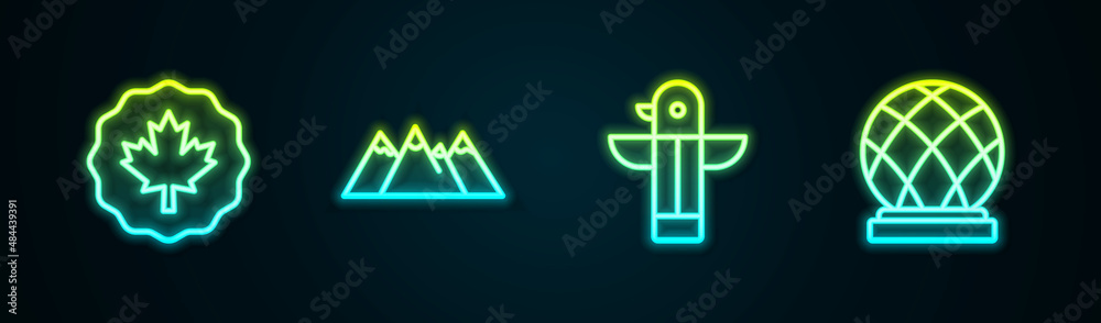 Set line Canadian maple leaf, Mountains, totem pole and Montreal Biosphere. Glowing neon icon. Vector Set line Canadian maple leaf, Mountains, totem pole and Montreal Biosphere. Glowing neon icon. Vector