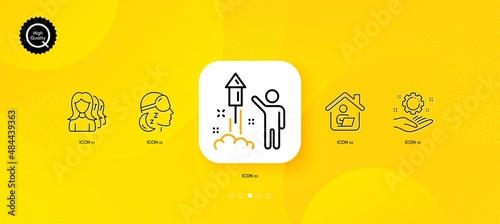 Work home, Fireworks and Women headhunting minimal line icons. Yellow abstract background. Insomnia, Employee hand icons. For web, application, printing. Vector