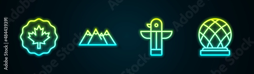 Set line Canadian maple leaf, Mountains, totem pole and Montreal Biosphere. Glowing neon icon. Vector