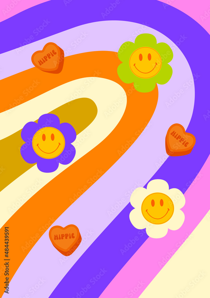 Groovy rainbow and flower poster. Retro 60s 70s style. Groovy rainbow and flower poster. Retro 60s 70s style.
