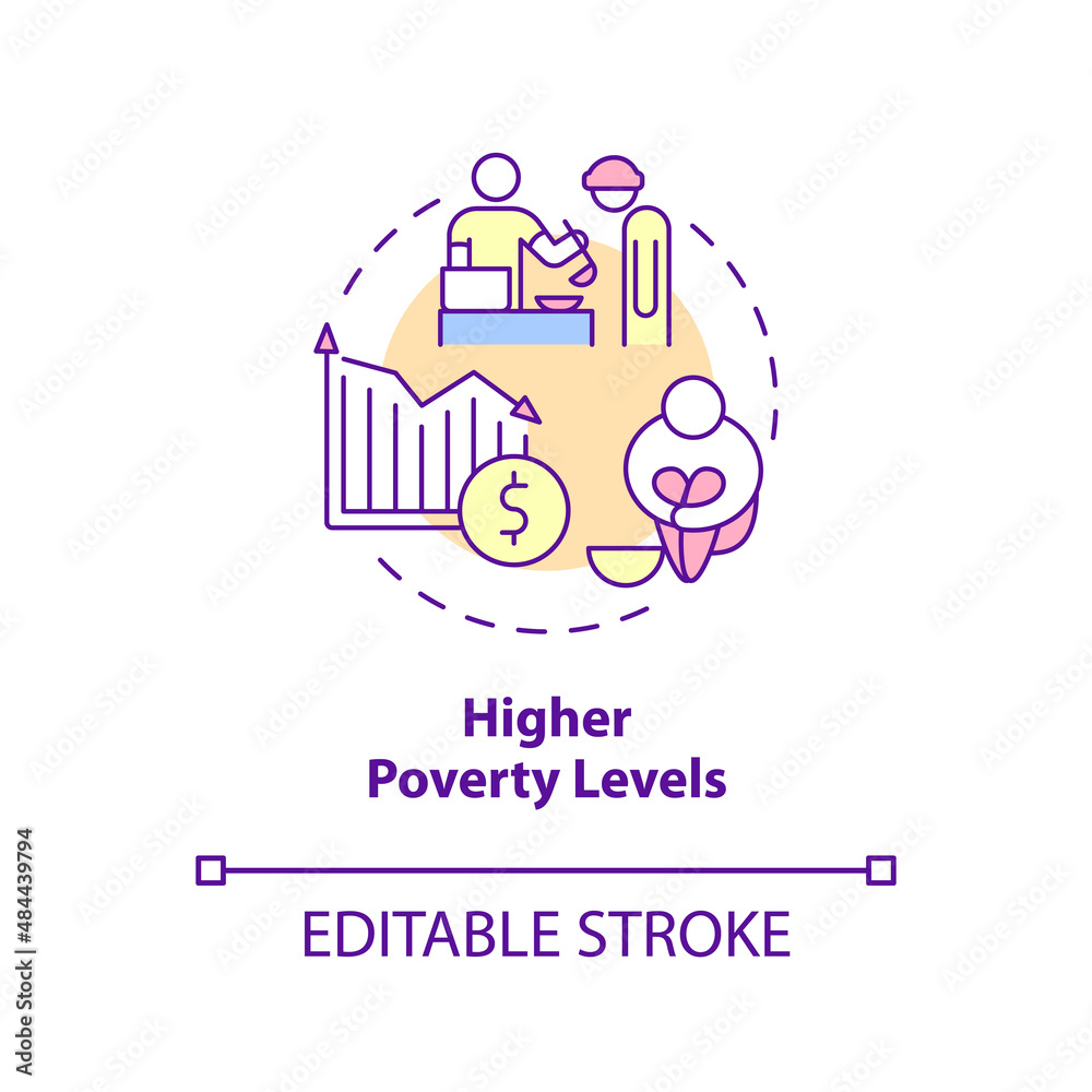Higher poverty levels concept icon. Centrally planned ES disadvantages abstract idea thin line illustration. Isolated outline drawing. Editable stroke. Arial, Myriad Pro-Bold fonts used Higher poverty levels concept icon. Centrally planned ES disadvantages abstract idea thin line illustration. Isolated outline drawing. Editable stroke. Arial, Myriad Pro-Bold fonts used