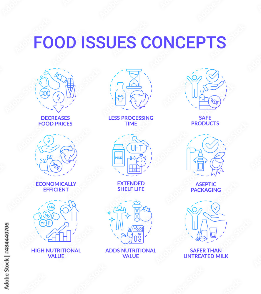 Food issues blue gradient concept icons set. Preserve products. Processing technology idea thin line color illustrations. Isolated symbols. Editable stroke. Roboto-Medium, Myriad Pro-Bold fonts used Food issues blue gradient concept icons set. Preserve products. Processing technology idea thin line color illustrations. Isolated symbols. Editable stroke. Roboto-Medium, Myriad Pro-Bold fonts used