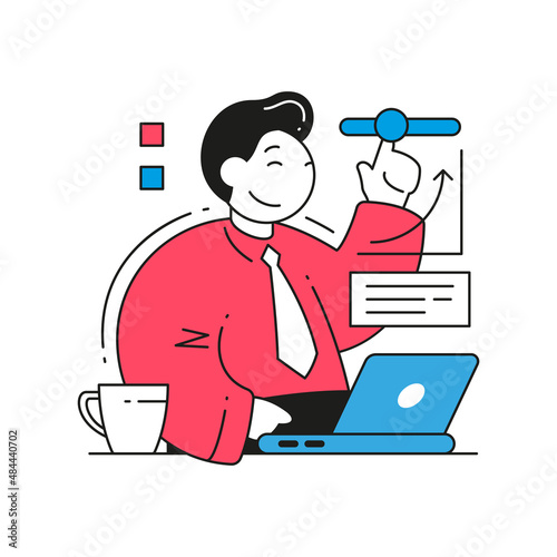 Business male switch on starting work day profit growth financial accounting efficiency analyzing graph on laptop vector flat illustration. Man employee regulate balance budget expenses and income