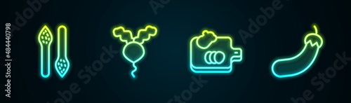 Set line Asparagus, Radish, Cutting board with vegetables and Eggplant. Glowing neon icon. Vector