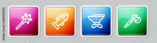 Set line Mace with spikes, Fish, Anvil for blacksmithing and Wooden axe. Colorful square button. Vector