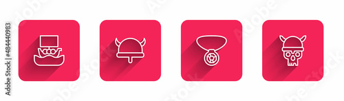 Set line Viking ship Drakkar, horned helmet, Necklace with gem and Skull viking with long shadow. Red square button. Vector