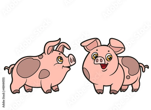 Cute cartoon two pigs color variation for coloring book on white background