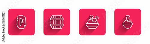 Set line Magic rune, Wooden barrel, Roasted turkey or chicken and Bottle with potion with long shadow. Red square button. Vector