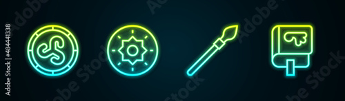 Set line Shield viking, Medieval spear and Viking book. Glowing neon icon. Vector