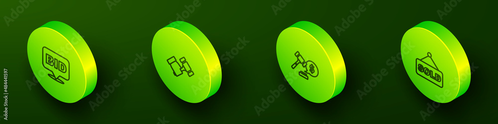 Set Isometric line Bid, Auction hammer, price and sold icon. Vector Set Isometric line Bid, Auction hammer, price and sold icon. Vector