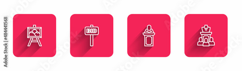Set line Auction painting, Hand holding auction paddle, auctioneer sells and jewelry sale with long shadow. Red square button. Vector