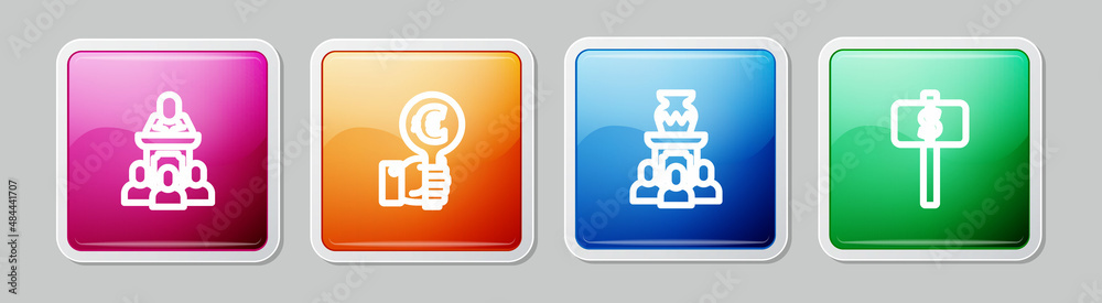 Set line Auction auctioneer sells, Hand holding paddle, ancient vase and . Colorful square button. Vector Set line Auction auctioneer sells, Hand holding paddle, ancient vase and . Colorful square button. Vector
