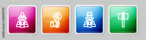 Set line Auction auctioneer sells, Hand holding paddle, ancient vase and . Colorful square button. Vector
