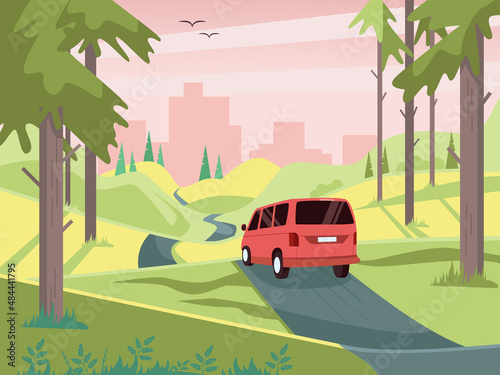 Spring landscape with city view, road and car. Road trip. Vector illustration in a flat style.