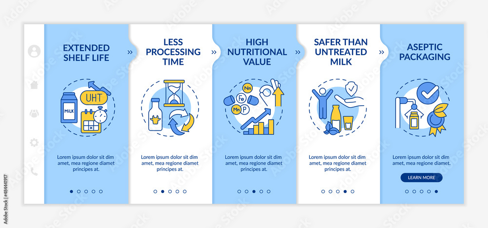 Advantages of UHT milk blue and white onboarding template. Ultra pasteurization. Responsive mobile website with linear concept icons. Web page walkthrough 5 step screens. Lato-Bold, Regular fonts used