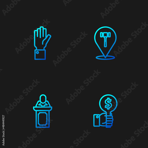 Set line Hand holding auction paddle, Auction auctioneer sells, and hammer. Gradient color icons. Vector